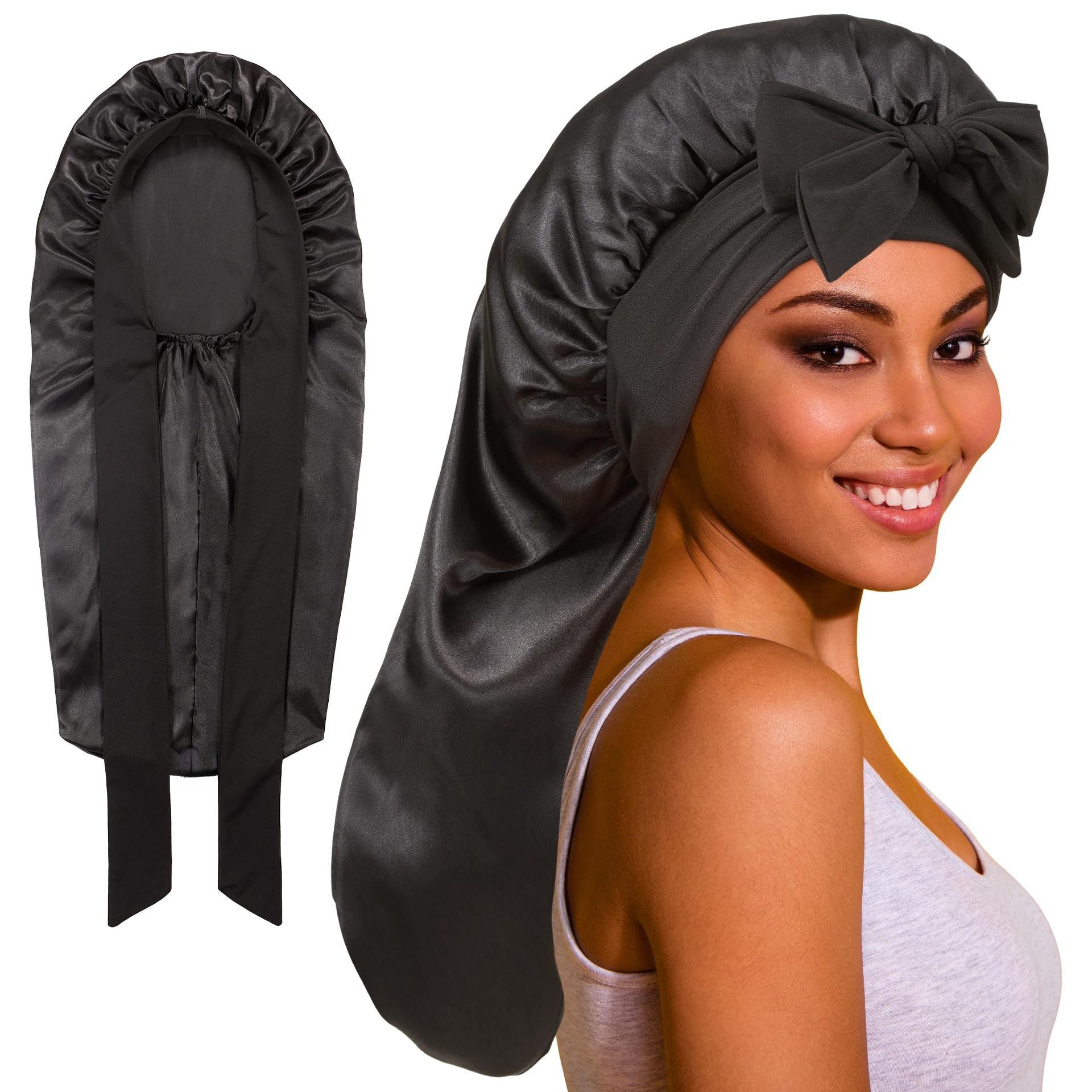 Long Satin Sleep Cap with Tie for Hair Protection