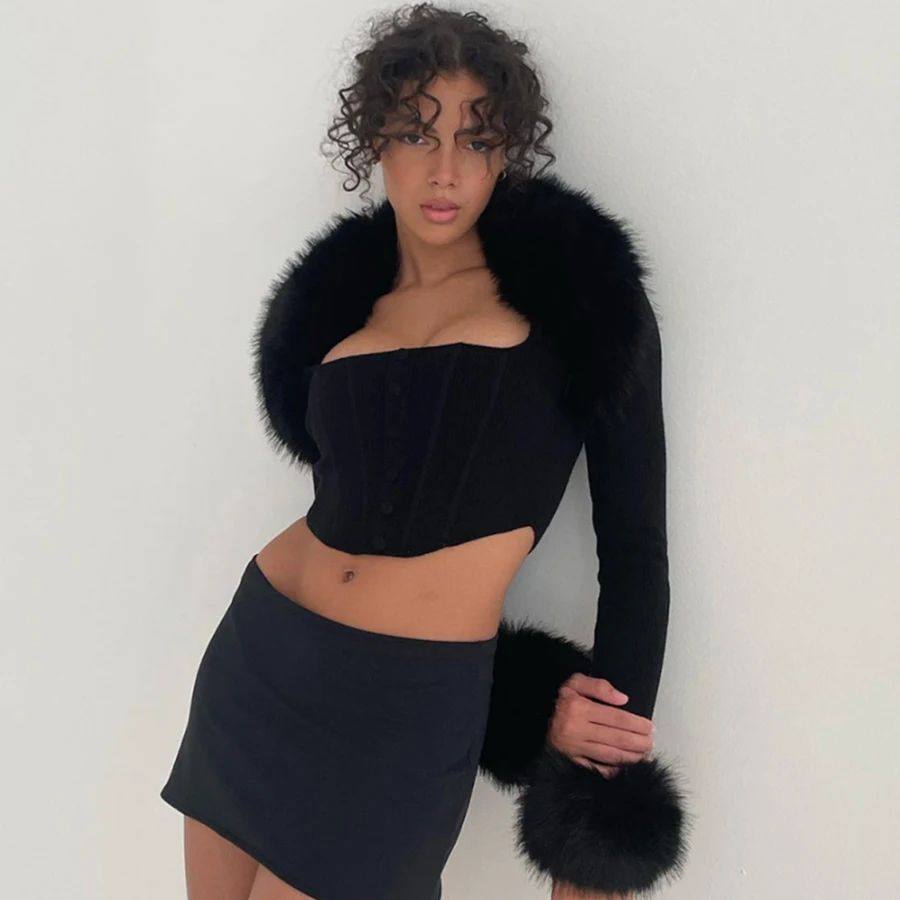 Long Sleeve Fur Collar Womens Top