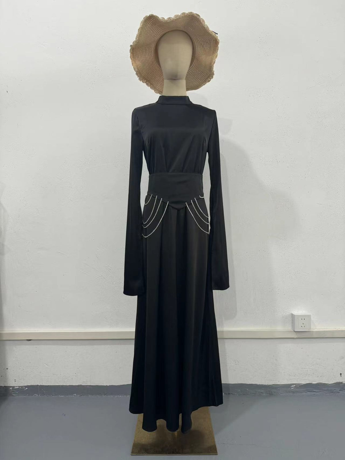 Long-Sleeve Half-High Collar Waist-Cinching Dress