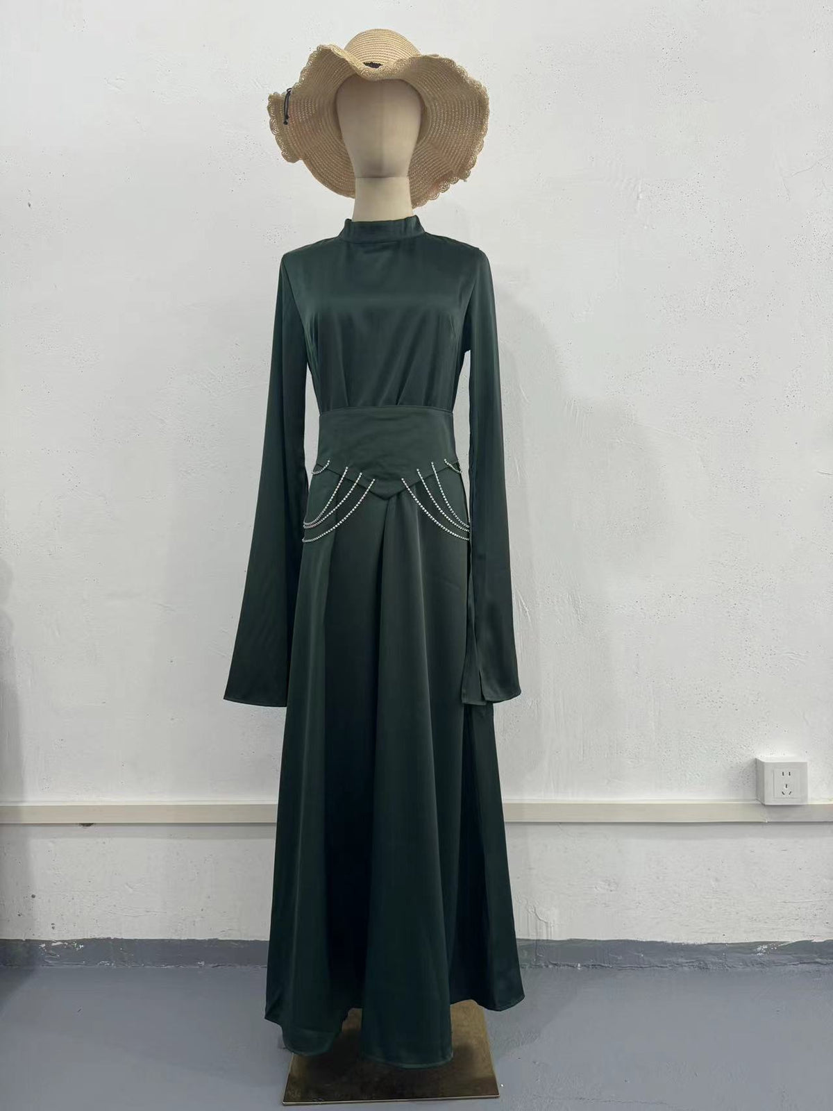 Long-Sleeve Half-High Collar Waist-Cinching Dress
