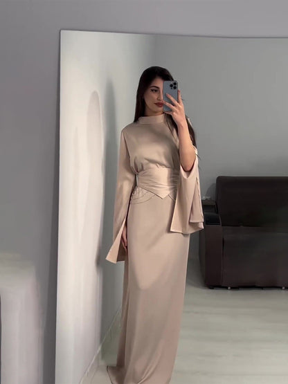 Long-Sleeve Half-High Collar Waist-Cinching Dress