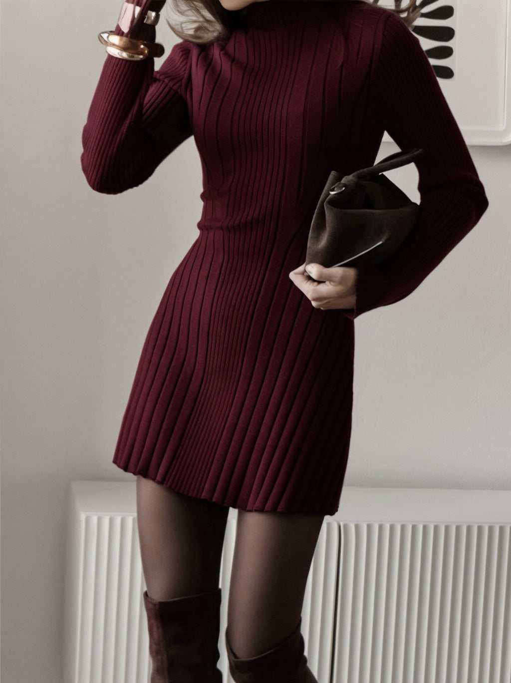 Long Sleeve Half Turtleneck Knitted Dress