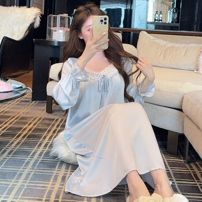 Long Sleeve Ice Silk Nightgown with Lace Detail