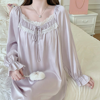 Long Sleeve Ice Silk Nightgown with Lace Detail