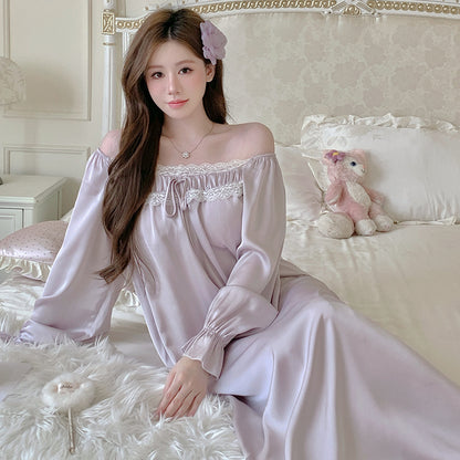Long Sleeve Ice Silk Nightgown with Lace Detail