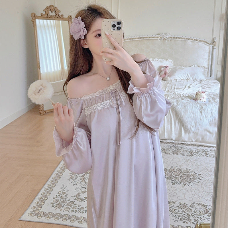 Long Sleeve Ice Silk Nightgown with Lace Detail