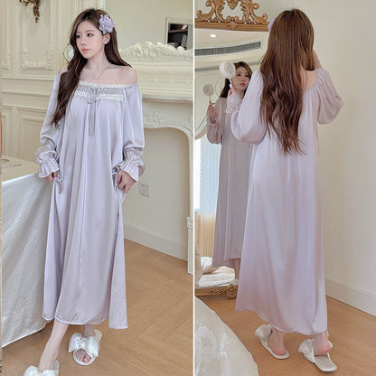 Long Sleeve Ice Silk Nightgown with Lace Detail