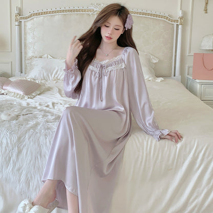 Long Sleeve Ice Silk Nightgown with Lace Detail