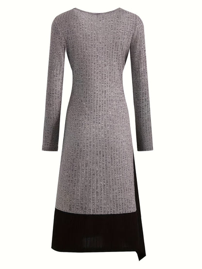 Long Sleeve Ribbed Knit Dress with Asymmetrical Neckline