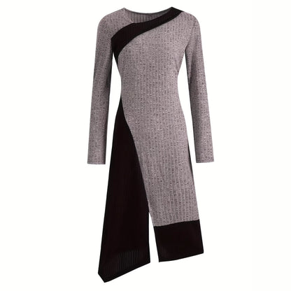 Long Sleeve Ribbed Knit Dress with Asymmetrical Neckline