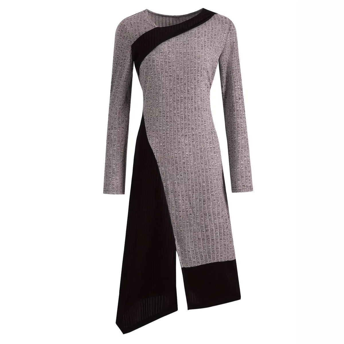 Long Sleeve Ribbed Knit Dress with Asymmetrical Neckline