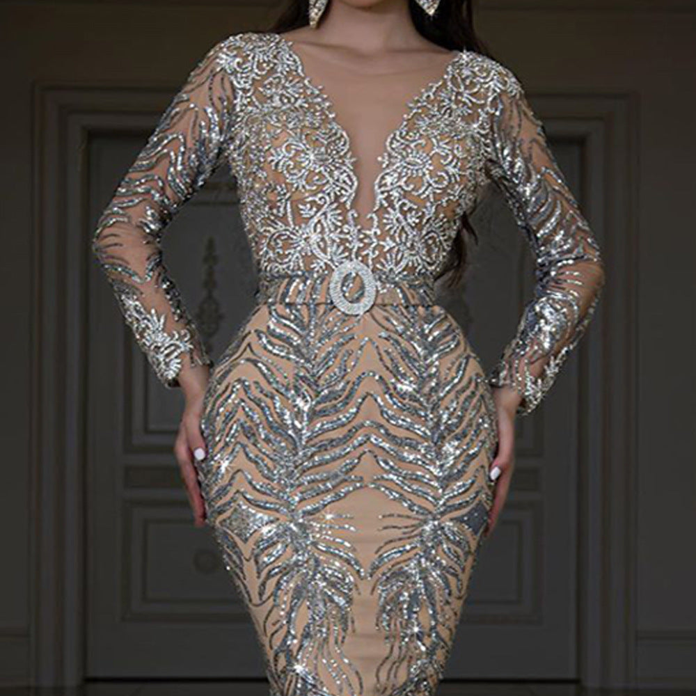Long Sleeve Sexy Fishtail Evening Dress Bronzing Slim Fit Floor-Length Dress