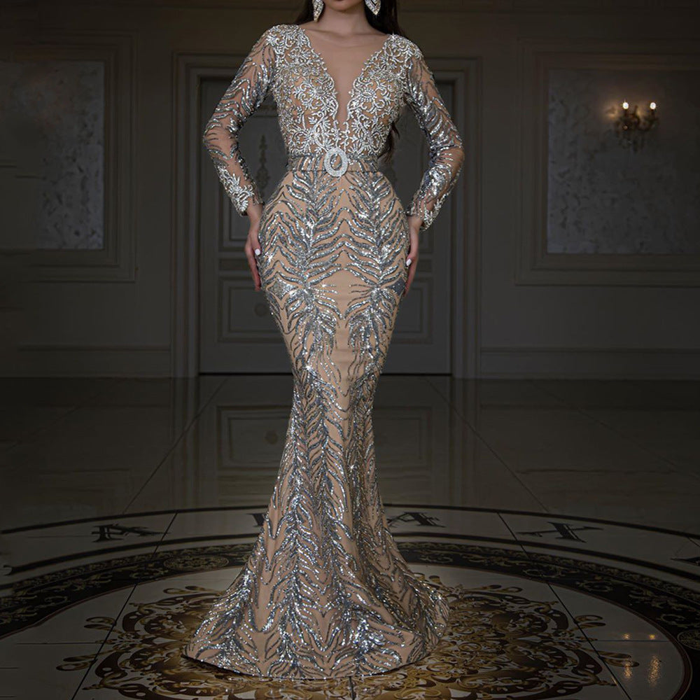 Long Sleeve Sexy Fishtail Evening Dress Bronzing Slim Fit Floor-Length Dress