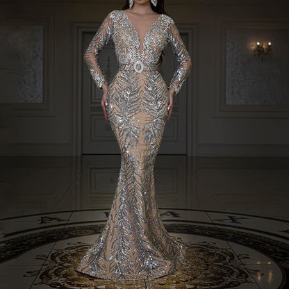 Long Sleeve Sexy Fishtail Evening Dress Bronzing Slim Fit Floor-Length Dress