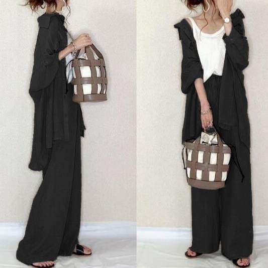 long sleeve shirt wide leg pants suit
