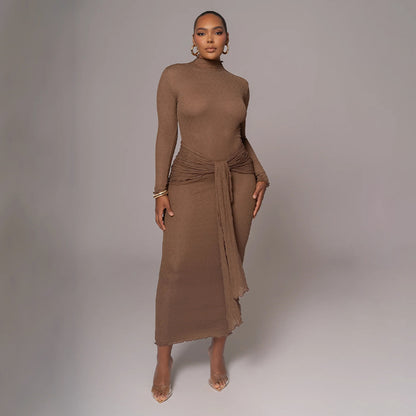 Long-Sleeve Solid-Color Fashionable and Sexy Pleated Fitted Long Dress