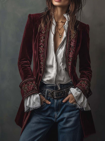 Long Sleeve Solid Color Lace Trim Velvet Jacket