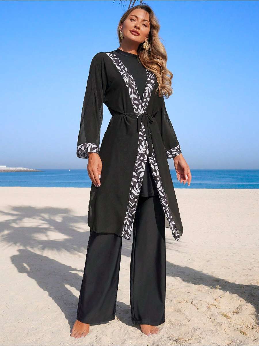 Long Sleeve Swimsuit Dress with Lace-Up Waist