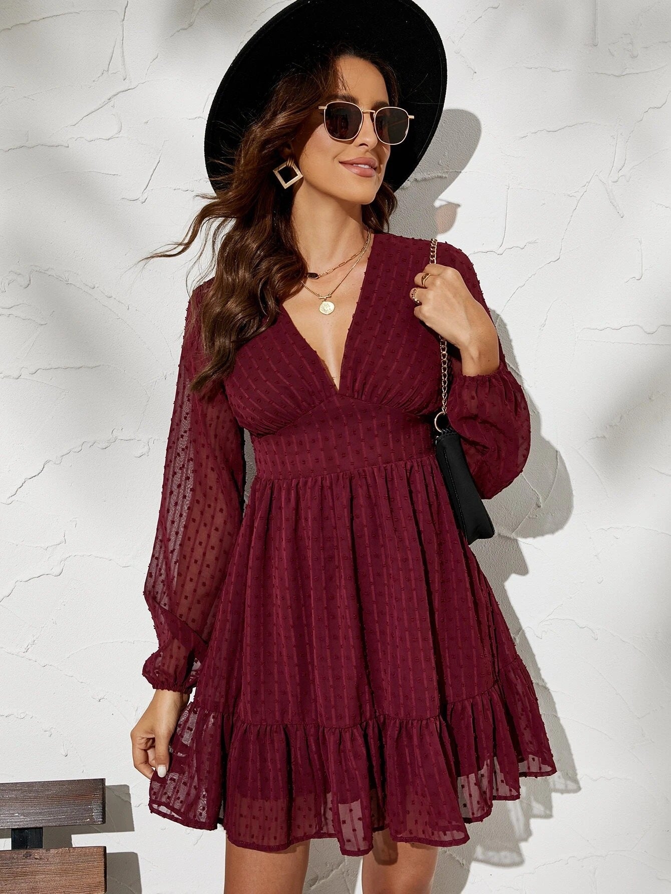 Long Sleeve V-Neck High Waist Dress
