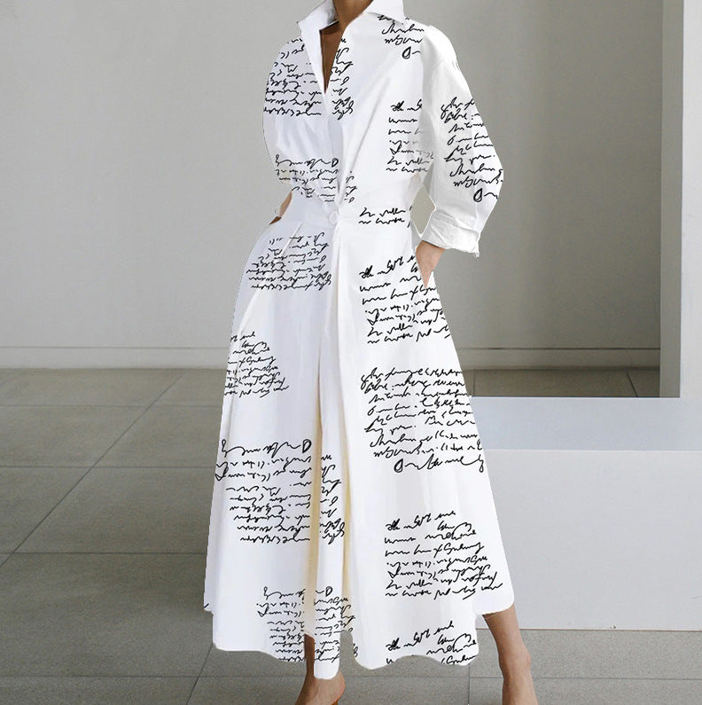 Long sleeve V-neck printed dress women's clothing