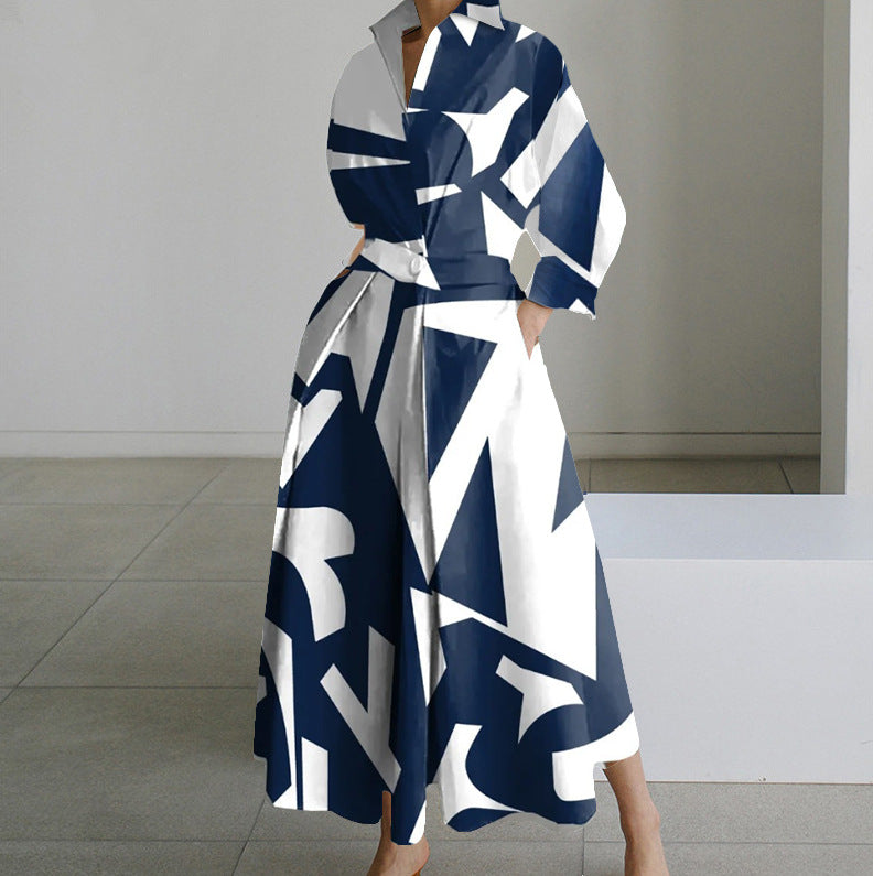 Long sleeve V-neck printed dress women's clothing