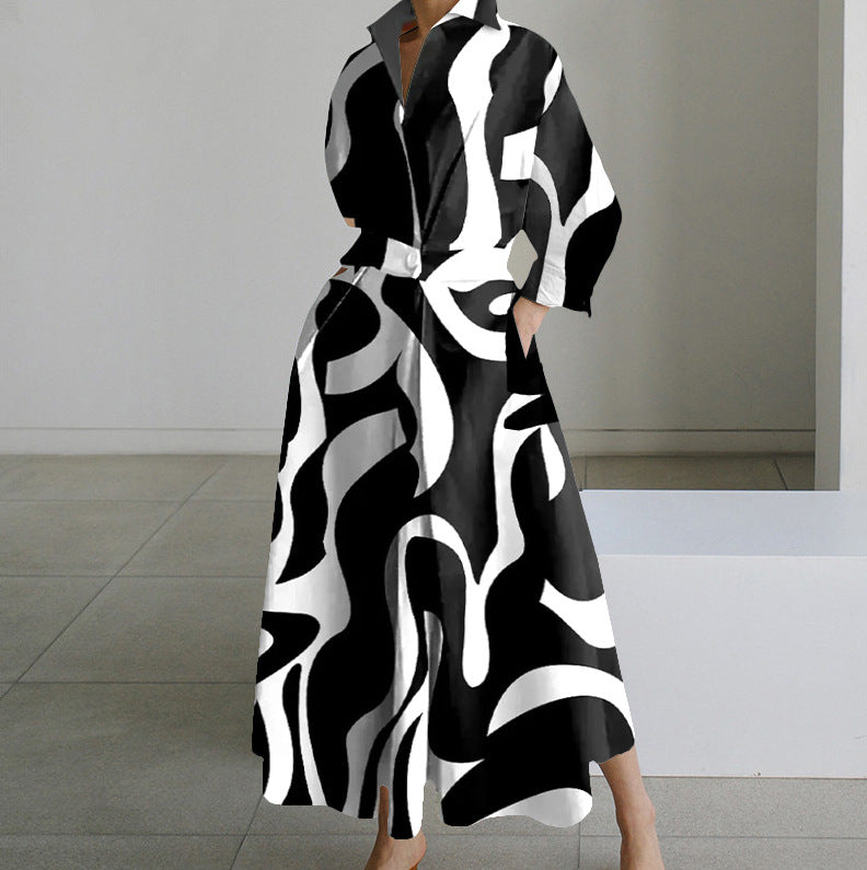 Long sleeve V-neck printed dress women's clothing