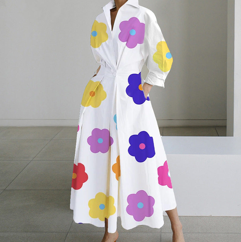 Long sleeve V-neck printed dress women's clothing