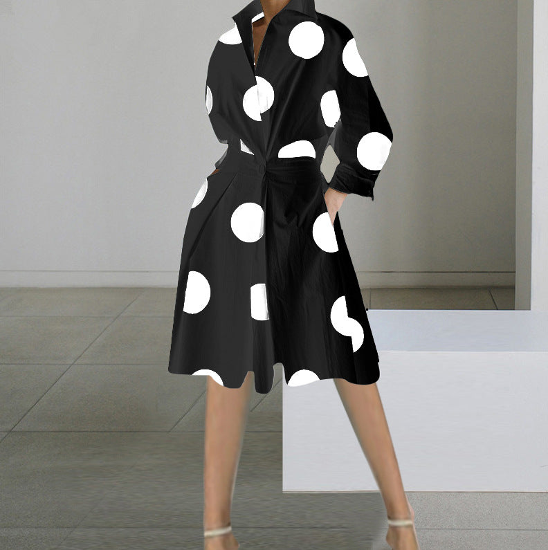 long sleeve V-neck printed mid-length dress women's clothing