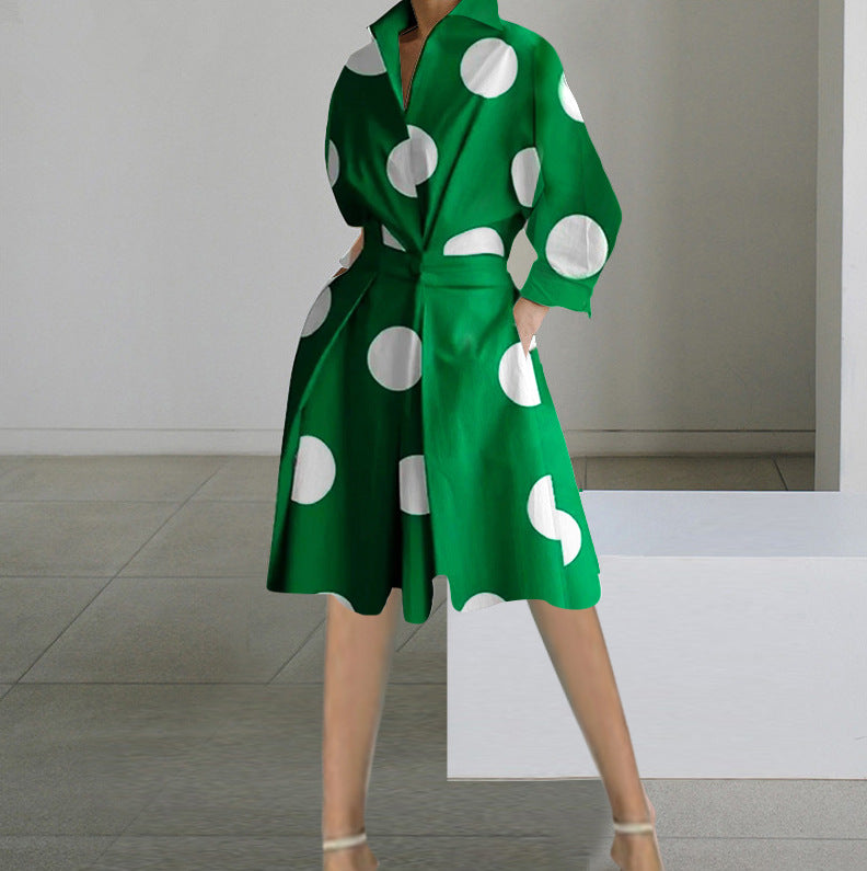 long sleeve V-neck printed mid-length dress women's clothing