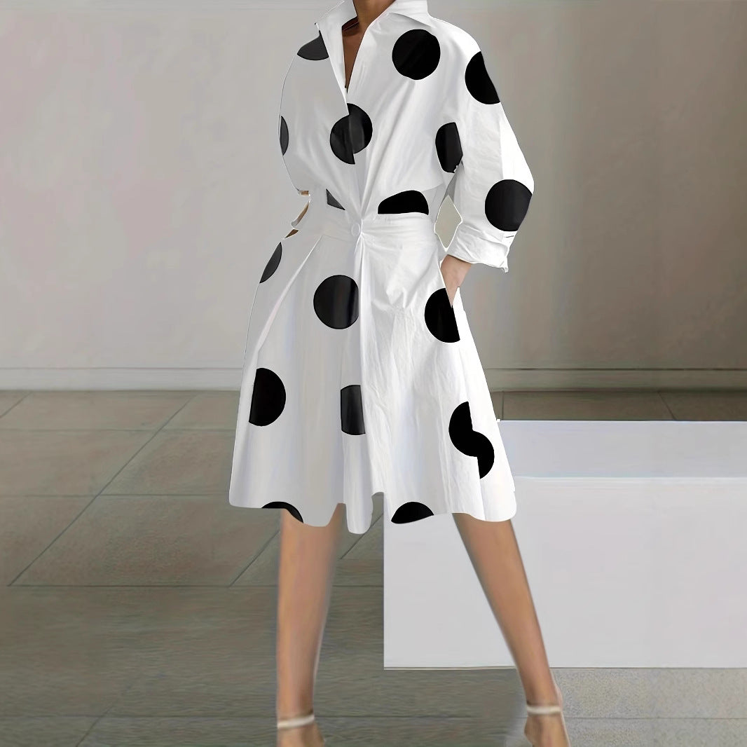 long sleeve V-neck printed mid-length dress women's clothing