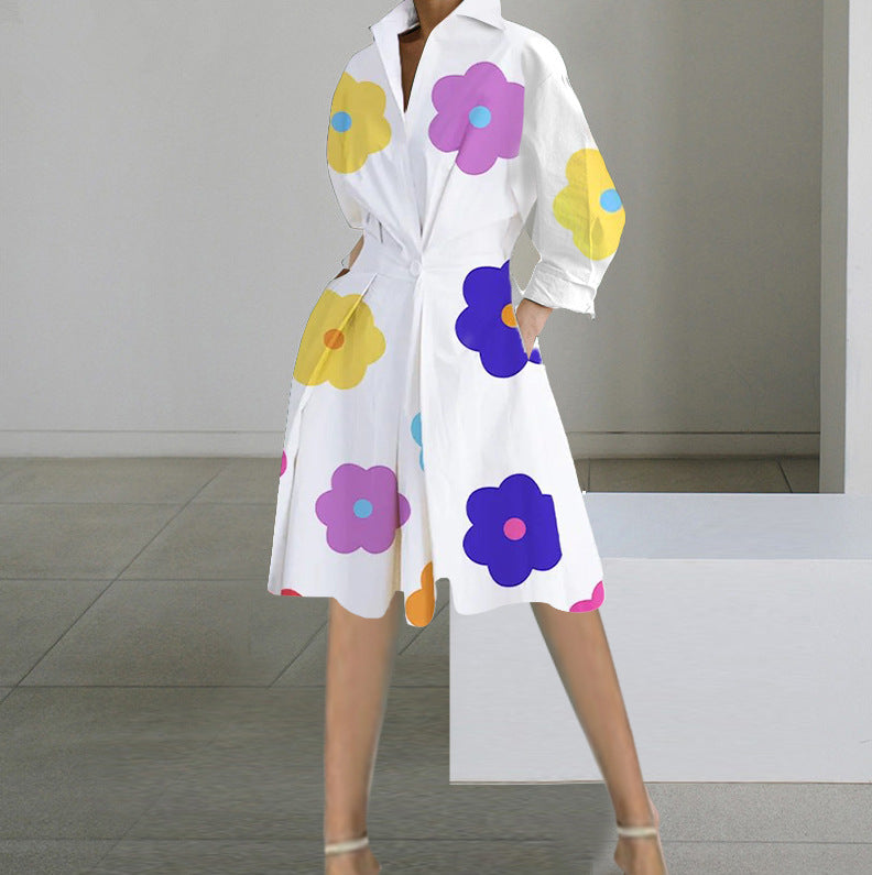 long sleeve V-neck printed mid-length dress women's clothing