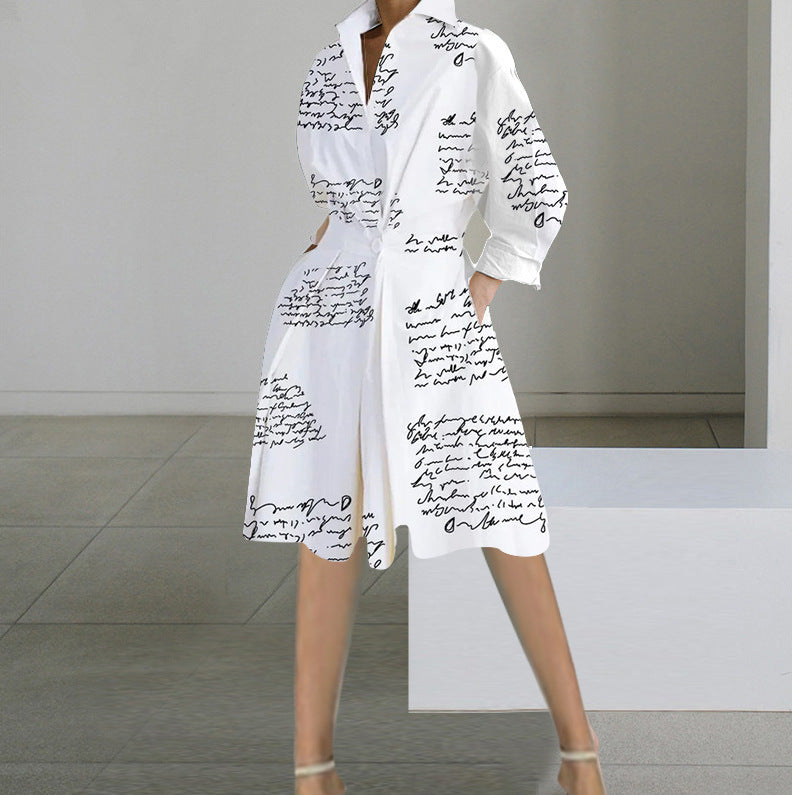 long sleeve V-neck printed mid-length dress women's clothing
