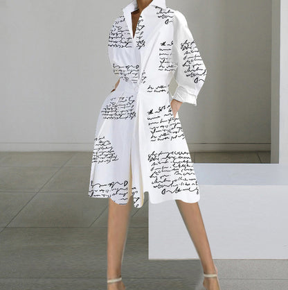 long sleeve V-neck printed mid-length dress women's clothing