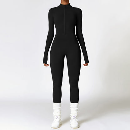 Long-sleeve zip-up one-piece workout suit