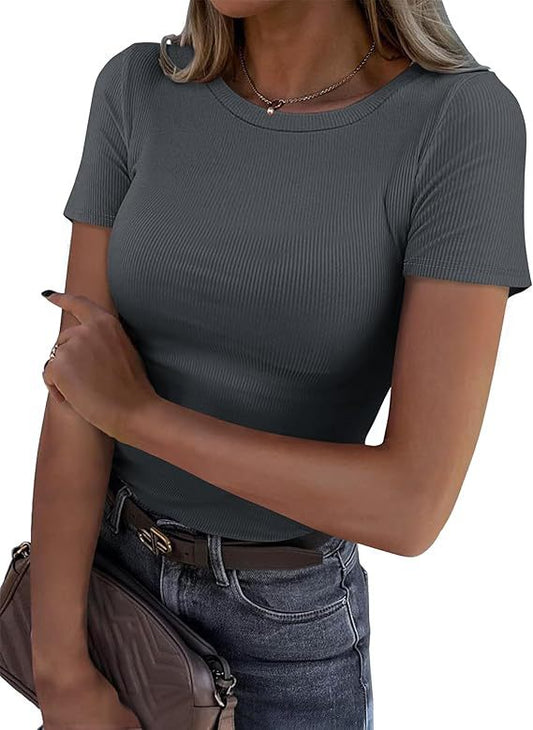 Long-sleeved Elastic Round Neck Rib T-shirt
