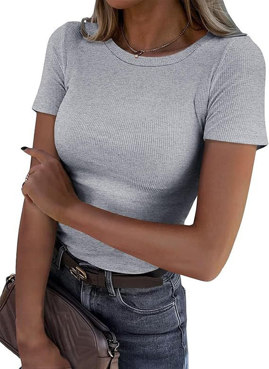 Long-sleeved Elastic Round Neck Rib T-shirt