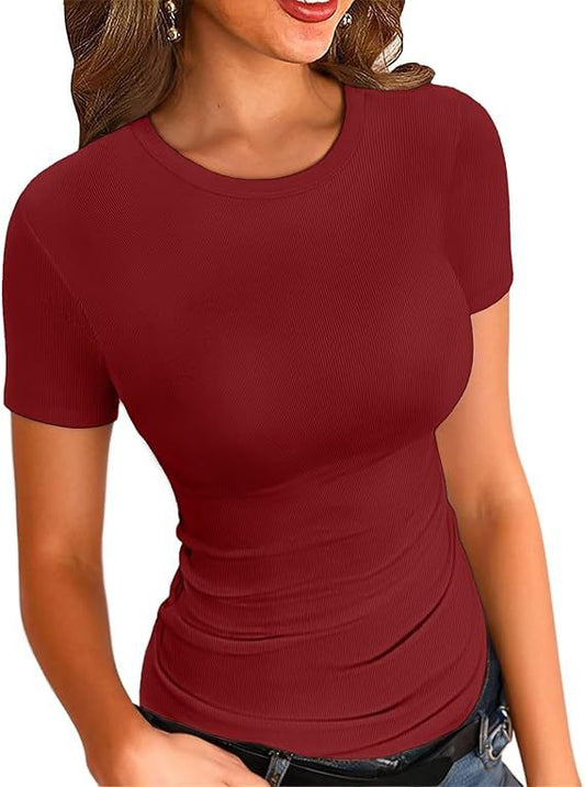 Long-sleeved Elastic Round Neck Rib T-shirt