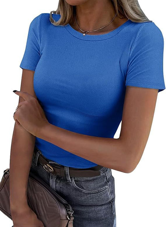 Long-sleeved Elastic Round Neck Rib T-shirt