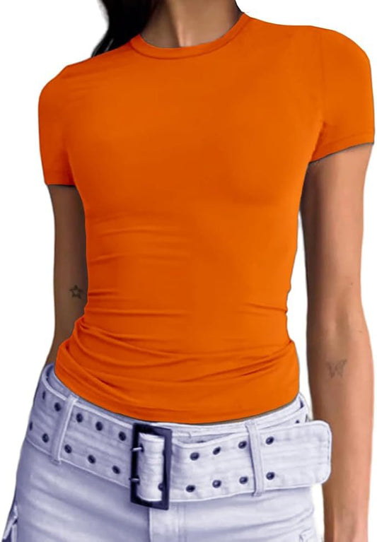 Long-sleeved Elastic Round Neck Rib T-shirt