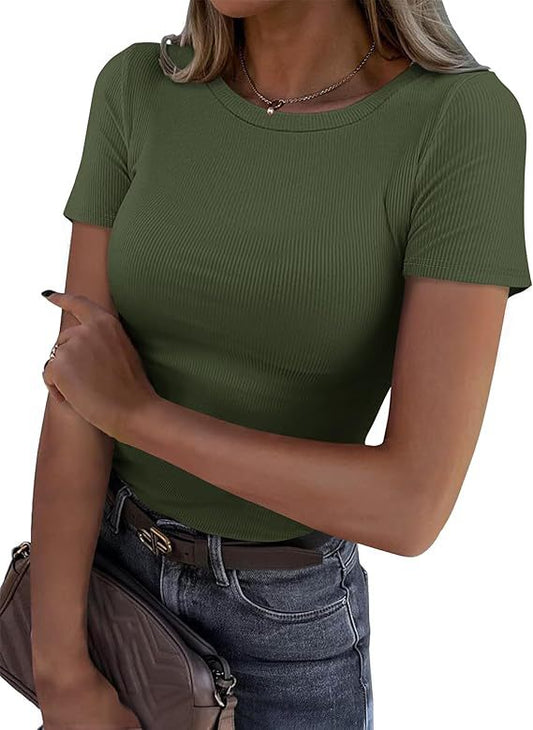 Long-sleeved Elastic Round Neck Rib T-shirt