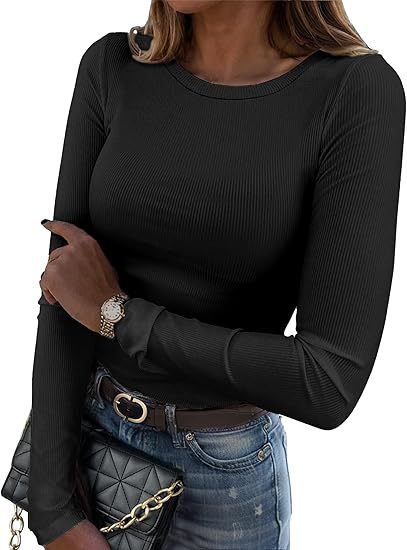Long-sleeved Elastic Round Neck Rib T-shirt