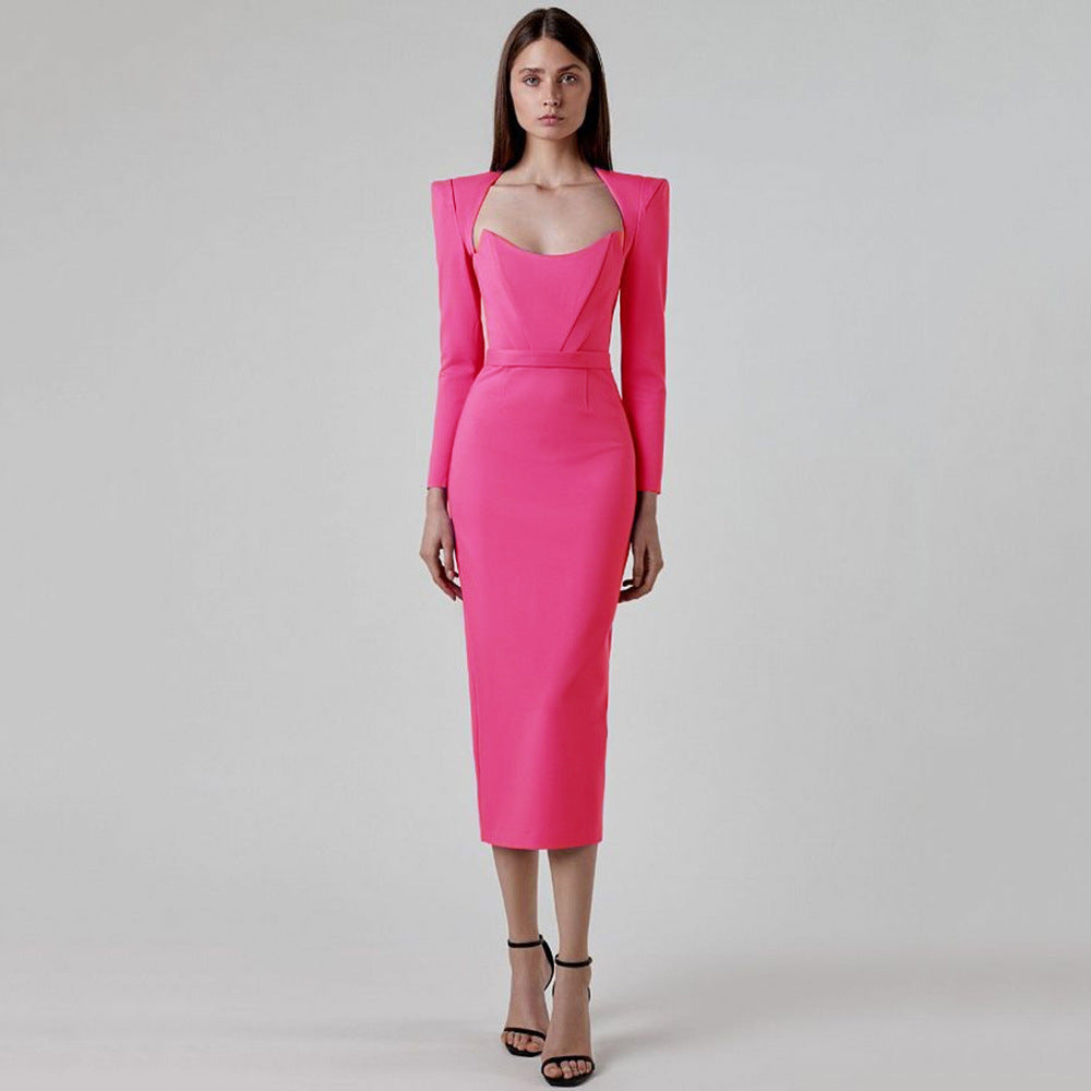 Long-sleeved fishbone high-waisted skirt