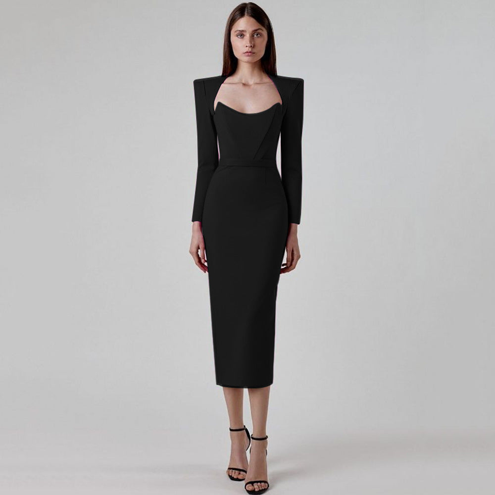 Long-sleeved fishbone high-waisted skirt
