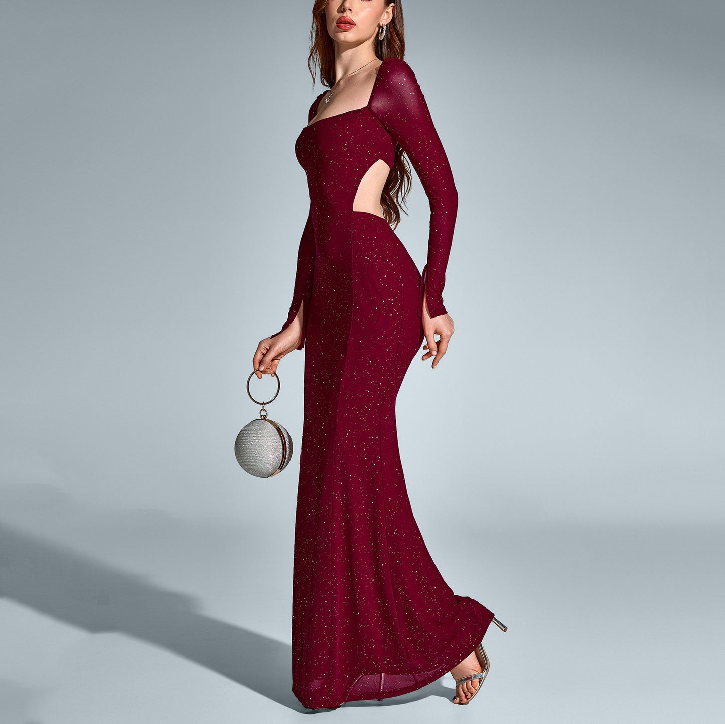 Long sleeved mesh backless square-neck dress
