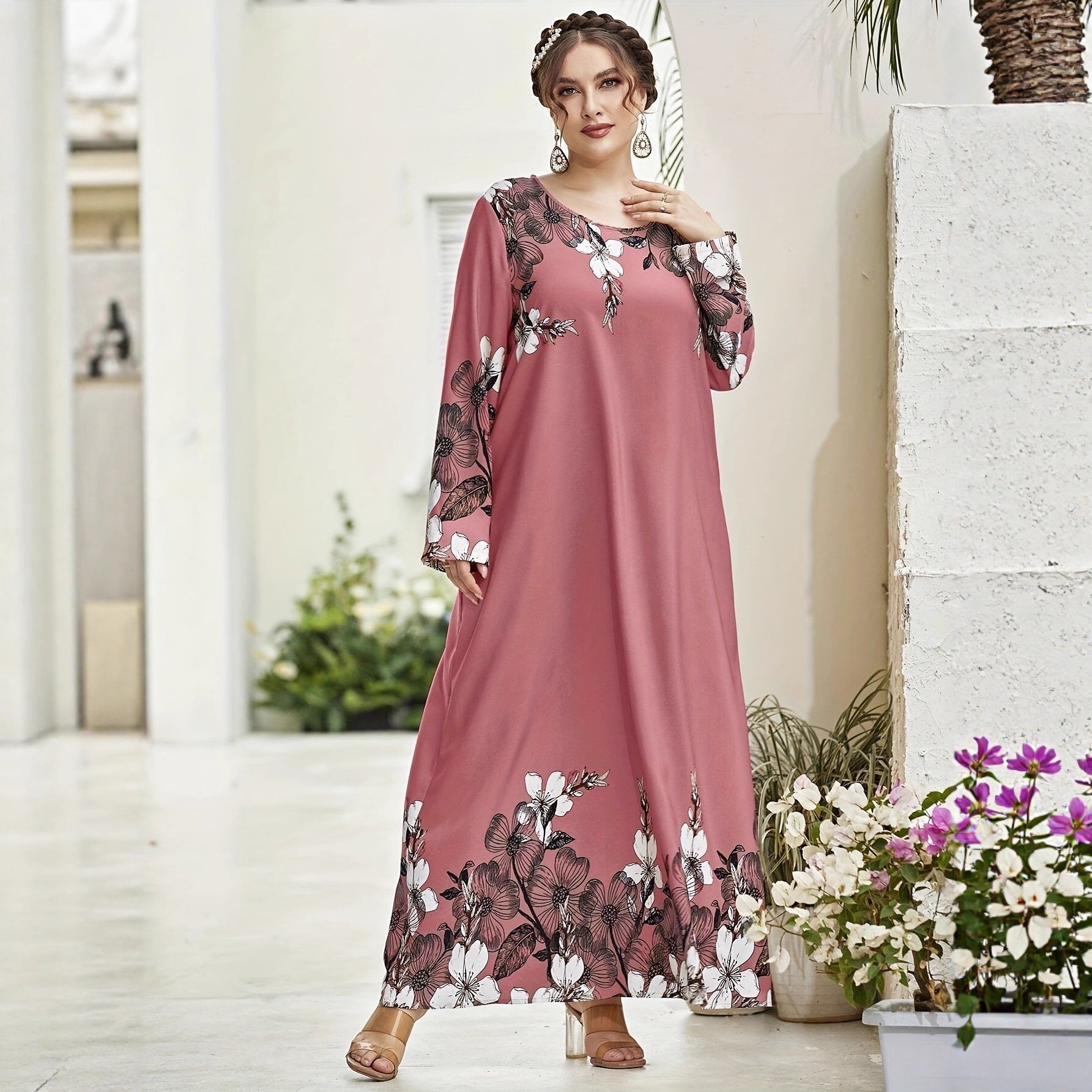 Long-sleeved printed one-piece long dress