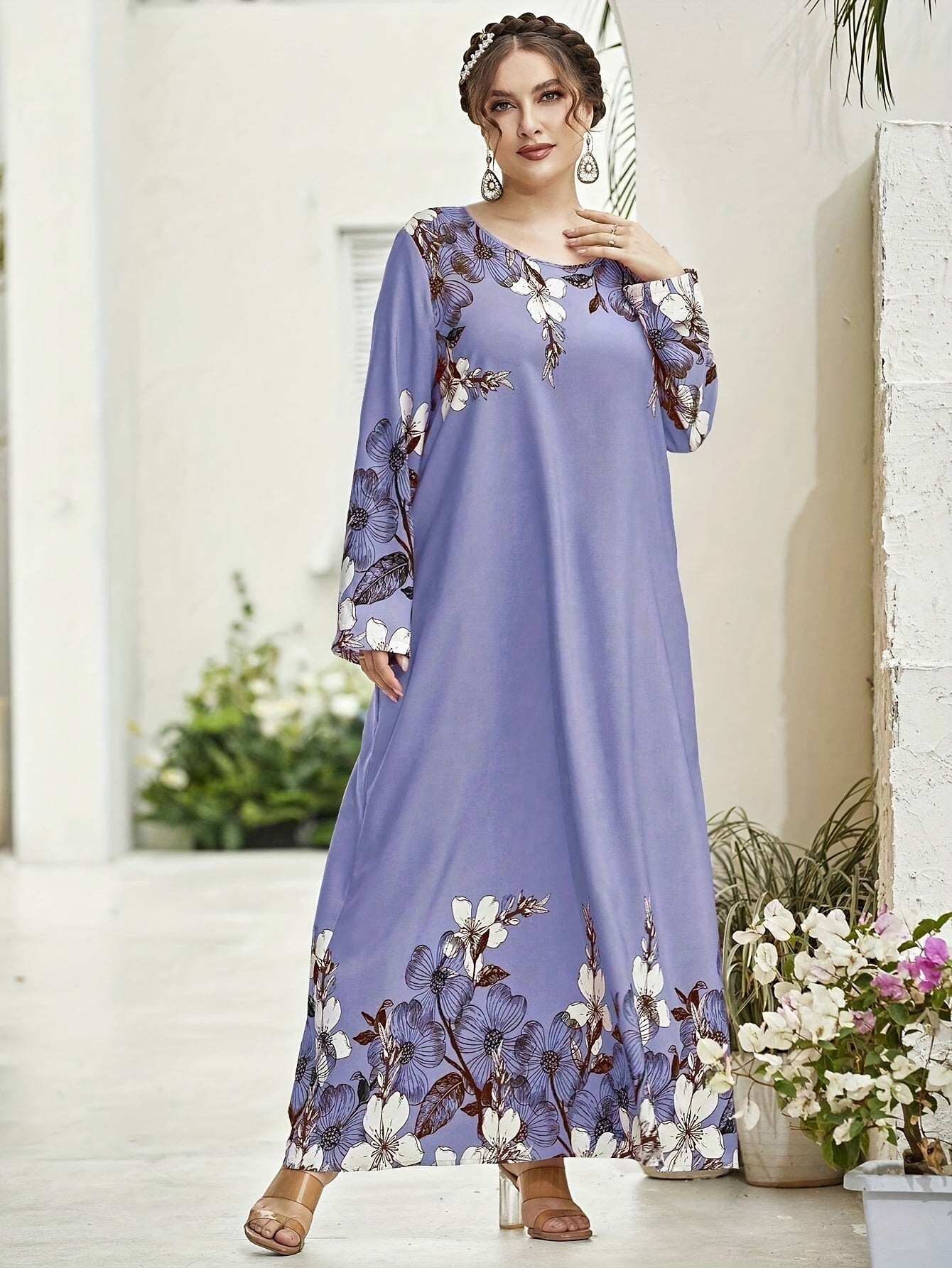 Long-sleeved printed one-piece long dress