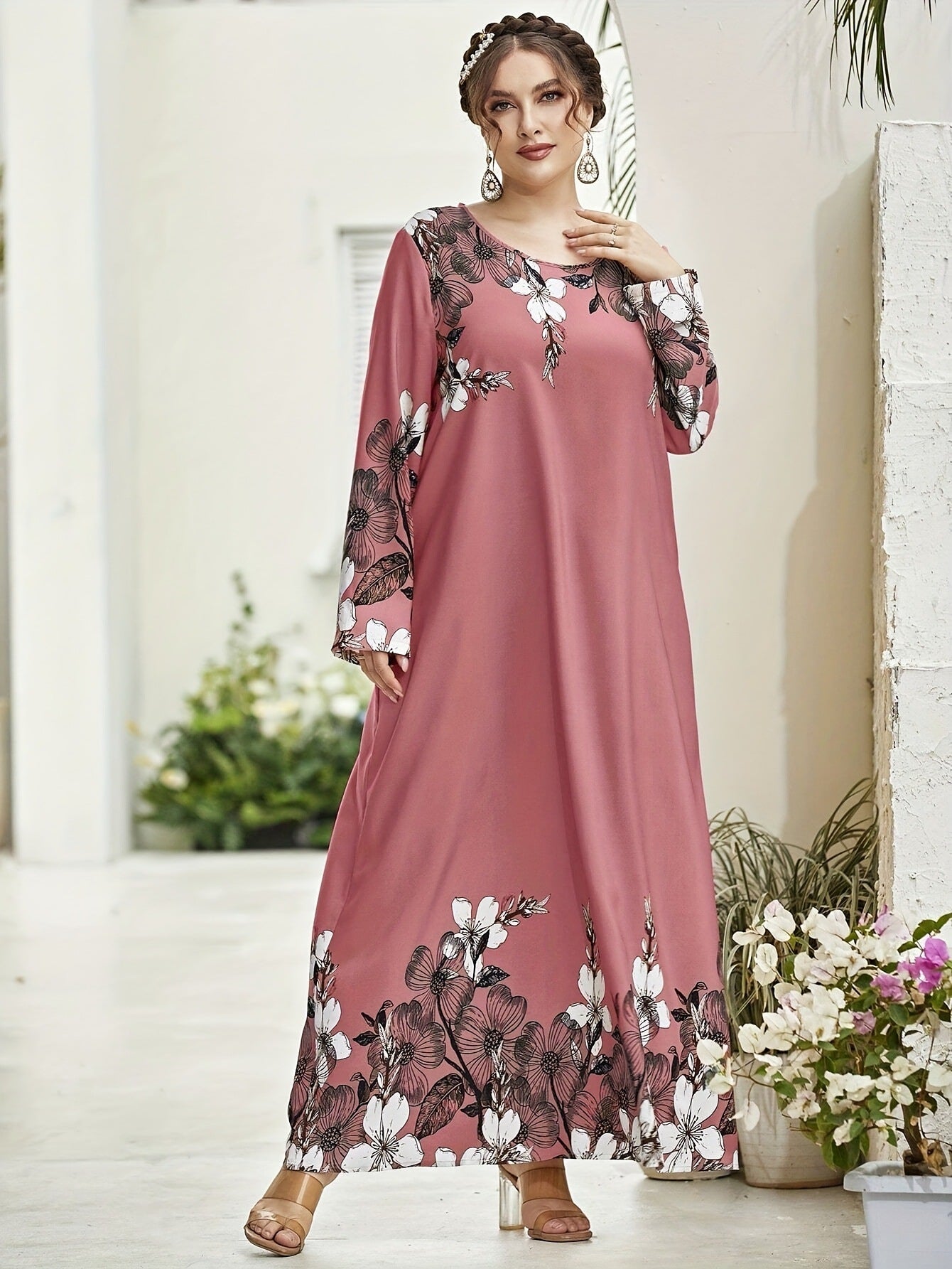 Long-sleeved printed one-piece long dress