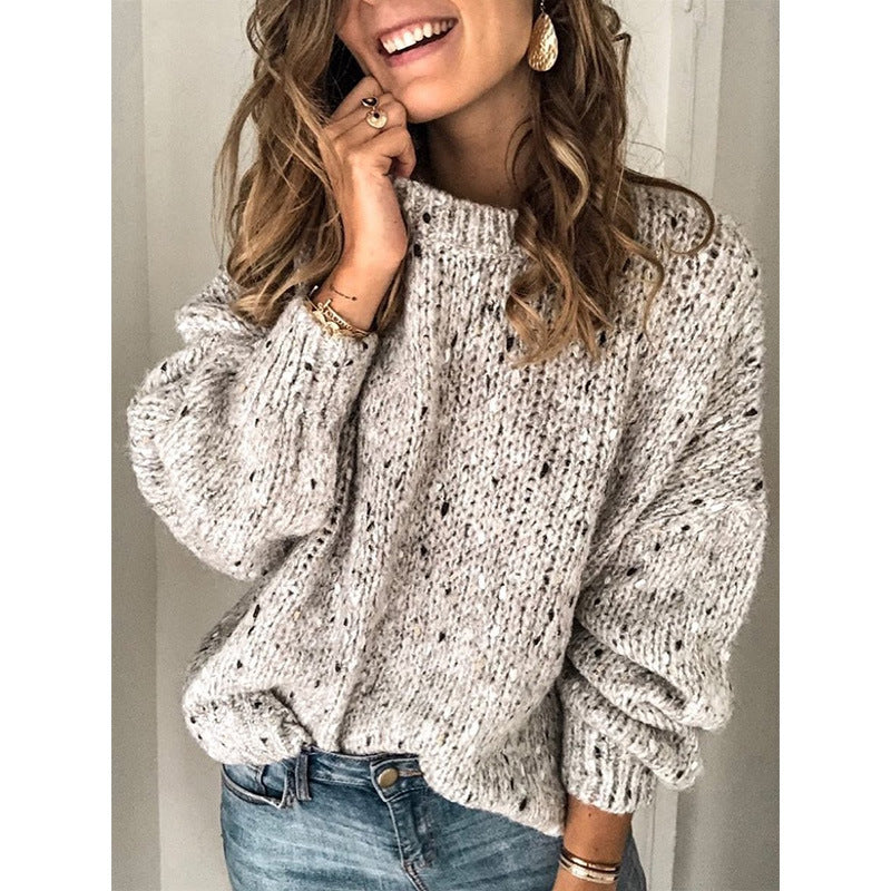 Long-sleeved round-necked knitted sweater with floral patterns