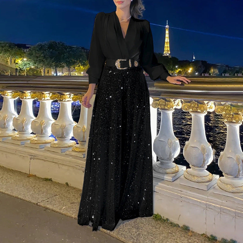 Long-sleeved shirt and wide-leg jumpsuit
