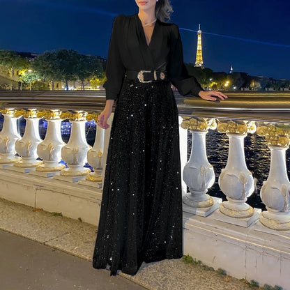Long-sleeved shirt and wide-leg jumpsuit